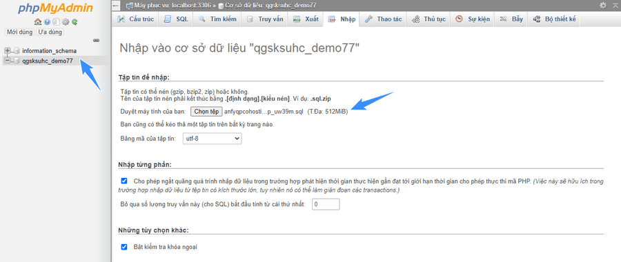 nhập database lên hosting cpanel