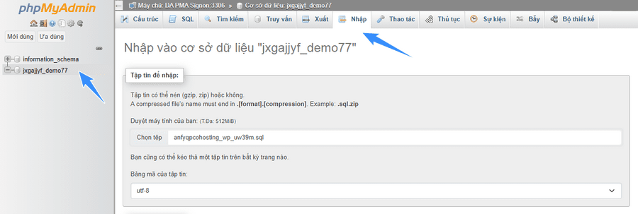 nhập database trên directadmin