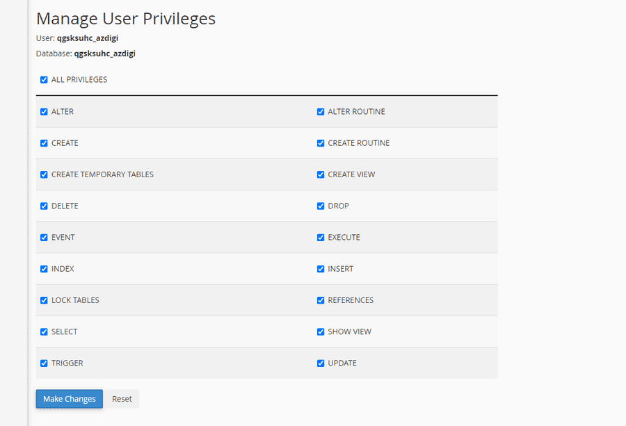 phân đầy đủ các quyền cho user trên database
