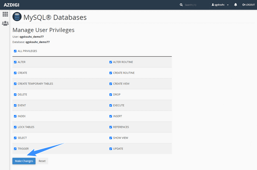phân quyền user cho database cpanel