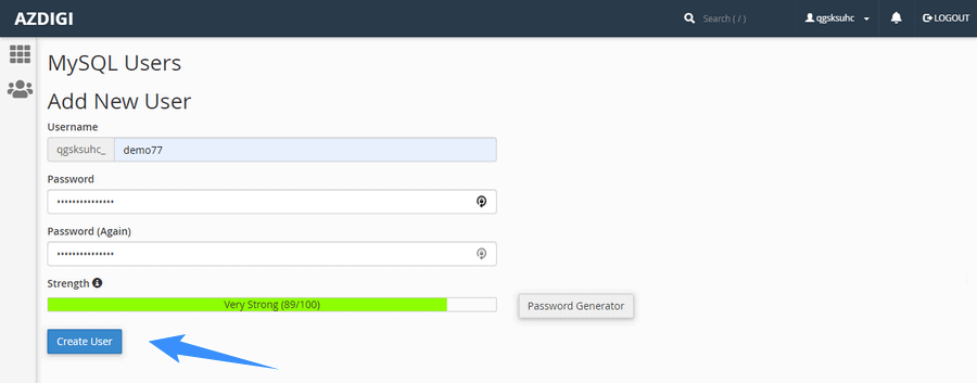 tạo user mới cho database cpanel
