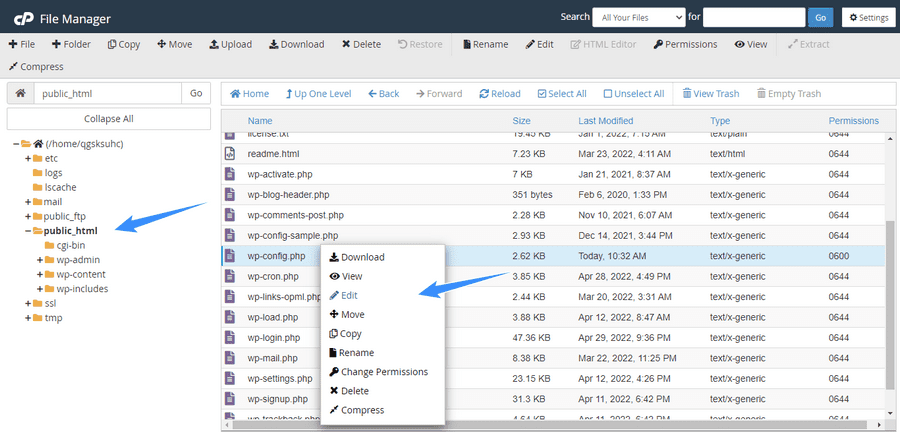 truy cap file manager chon file wp config va edit