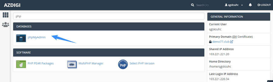truy cap phpmyadmin de tai database moi