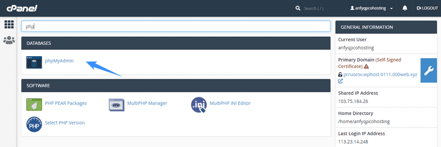 truy cập phpmyadmin để tải database