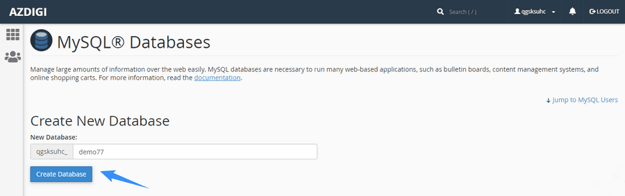 vào mysql database để tạo database mới cpanel