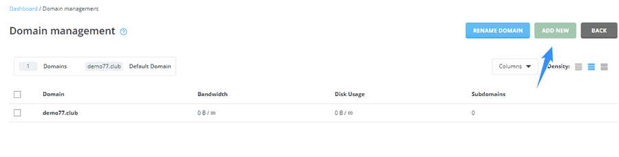 chọn add new để thêm tên miền mới vào directadmin