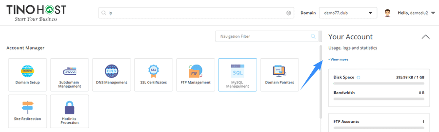 chọn viewmore your account directadmin