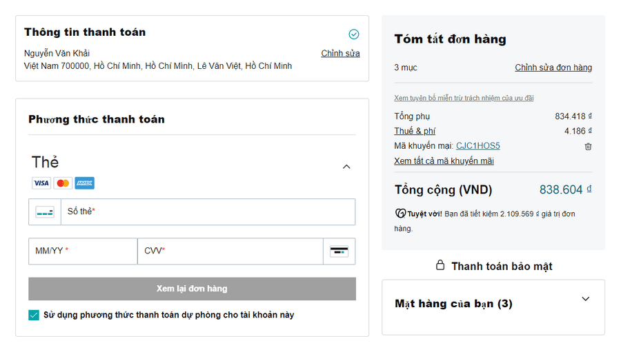 bước cuối cùng điền thông tin thẻ và thanh toán cho godaddy