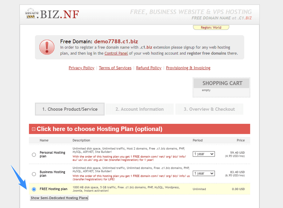 chọn free hosting plan biz.nf
