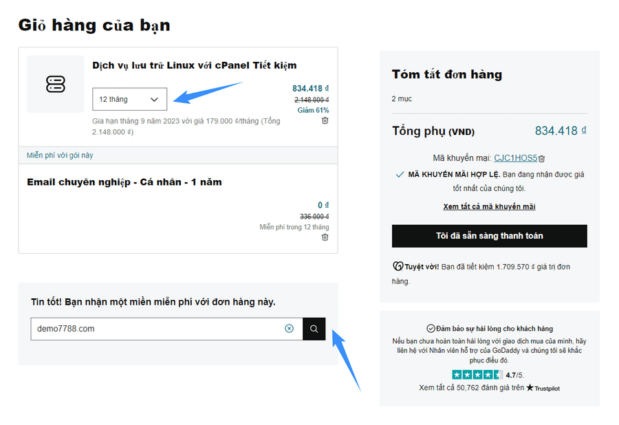 chọn tên miền miễn phí godaddy