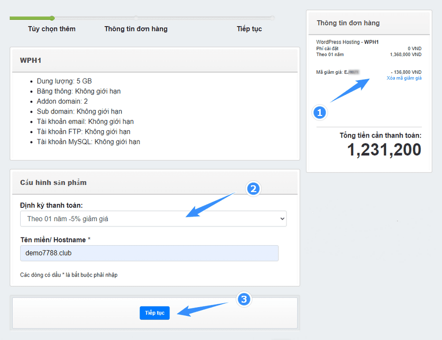 chọn thời hạn và nhập mã giảm giá 123host