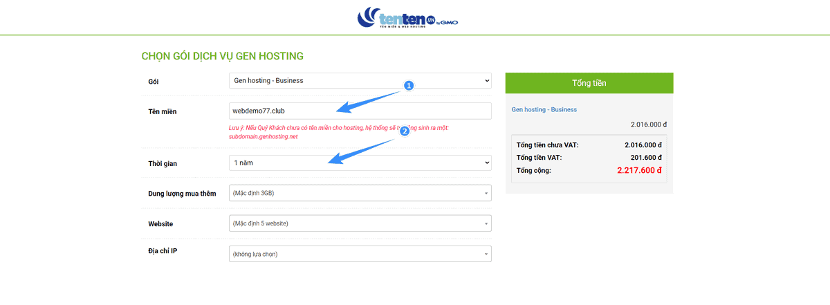 chọn thời hạn và nhập tên miền khi mua hosting tại tenten