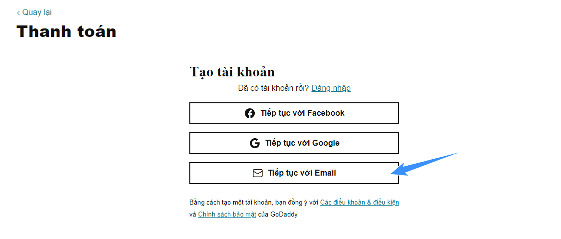 chon tiep tuc voi email de dang ky godaddy