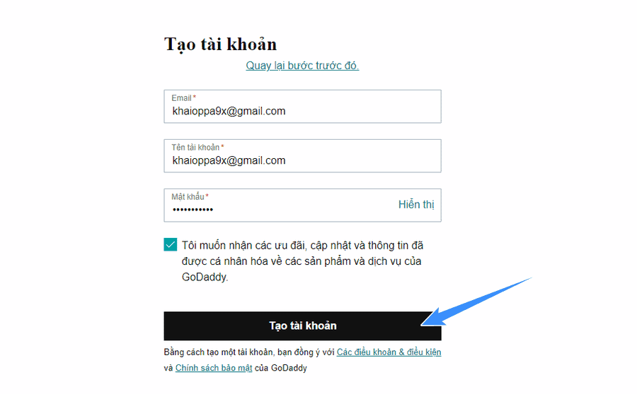 điền các thông tin để tạo tài khoản GoDaddy