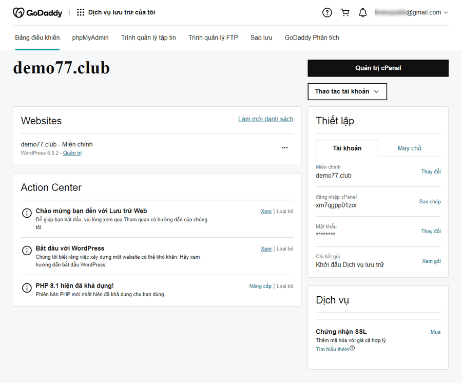 giao diện quản trị hosting godaddy