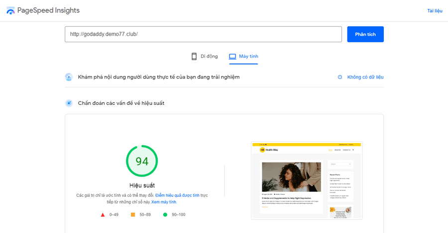 test tốc độ load thực tế google pagespeed insights tại GoDaddy