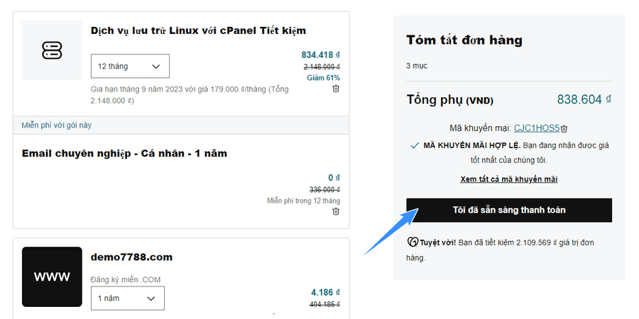 tiến hành thanh toán theo yêu cầu của GoDaddy