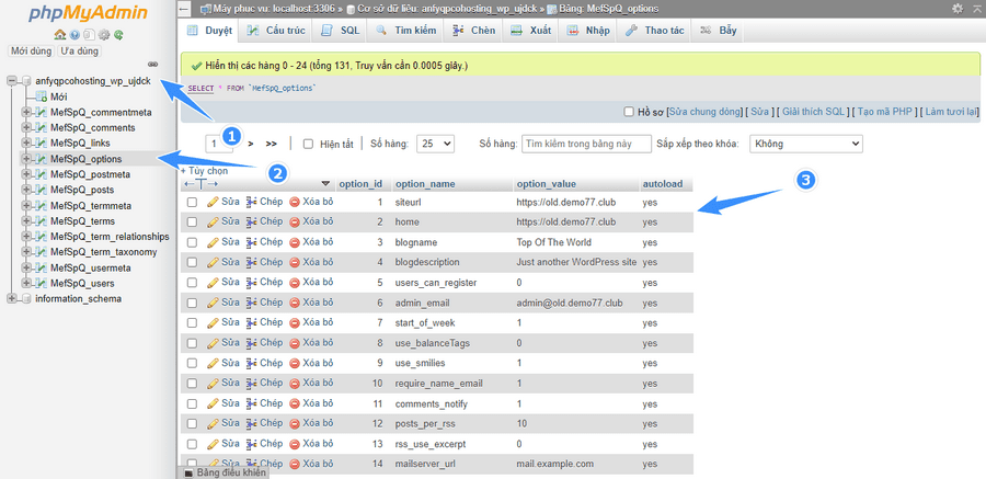 chọn chính xác database của website cũ