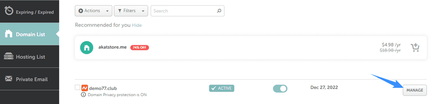 chọn domain list chọn manage namecheap