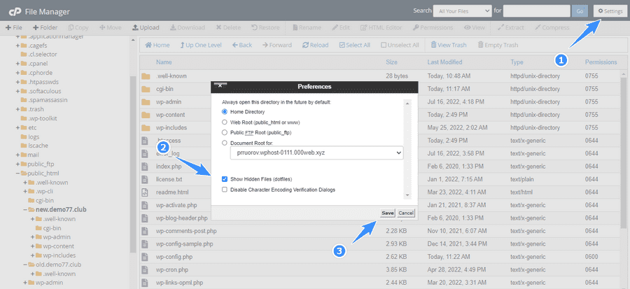 show hidden file khi đổi tên miền wordpress