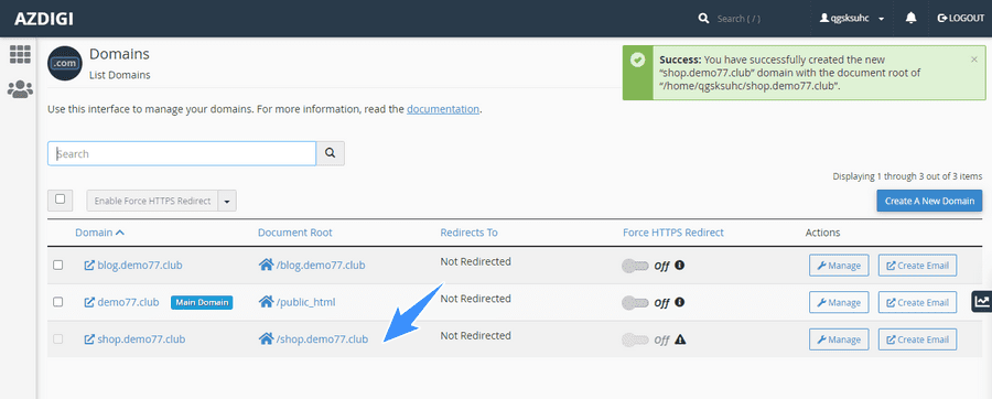 subdomain sau khi tạo thành công