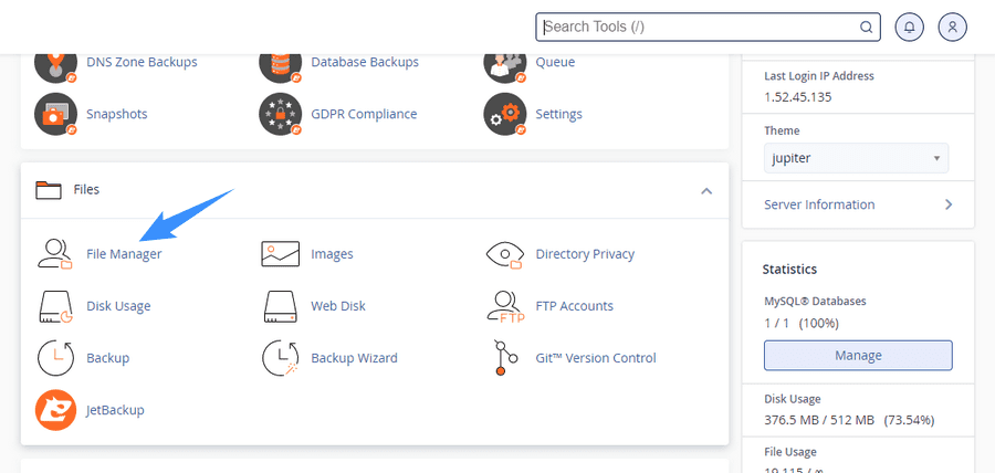 truy cập file manager để di chuyển file khi thay đổi tên miền