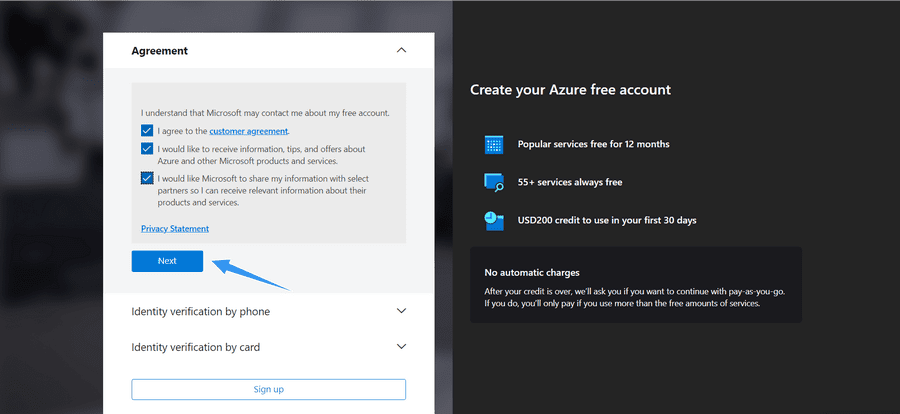 chon dong y cac dieu khoan cua microsoft azure
