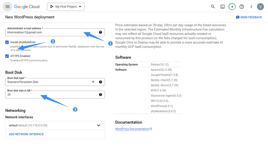 chọn install phpmyadmin và chọn dung lượng ổ cứng phù hợp trên google cloud