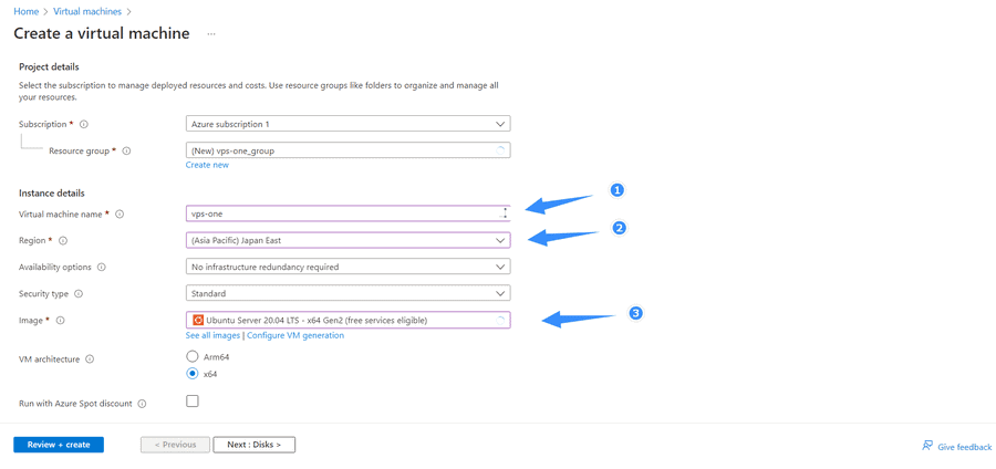 chọn region và hệ điều hành trên azure vps