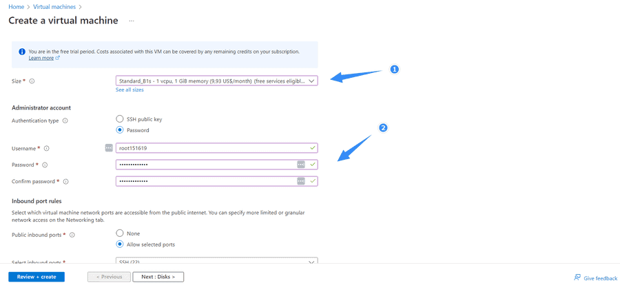 chọn size và điền mật khẩu root trên azure vps