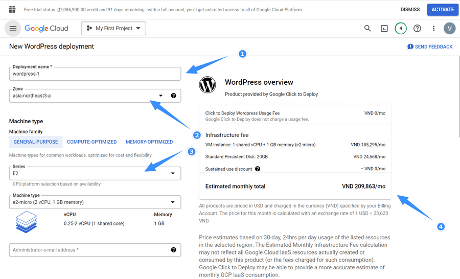 điền tên vps và chọn cấu hình Google Cloud