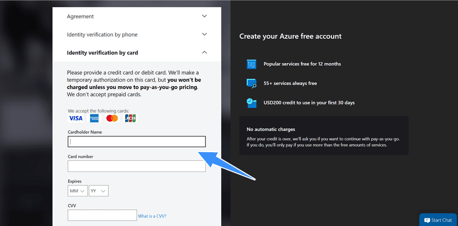 điền thông tin thanh toán microsoft azure vps