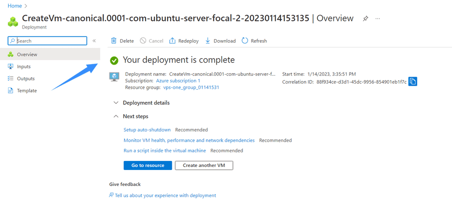 khởi tạo vps azure thành công