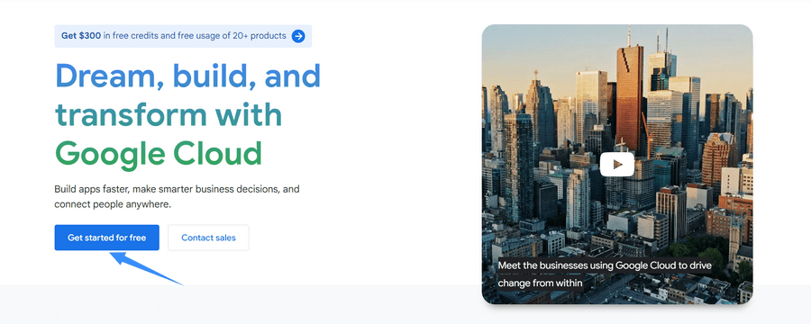 truy cập trang chủ google cloud và chọn get started for free