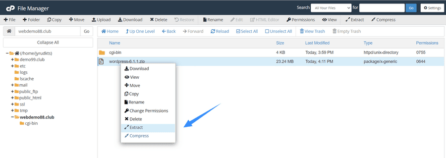 chọn extract file wordpress vừa upload lên