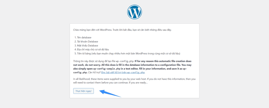 chọn thực hiện ngay để kết nối database wordpress