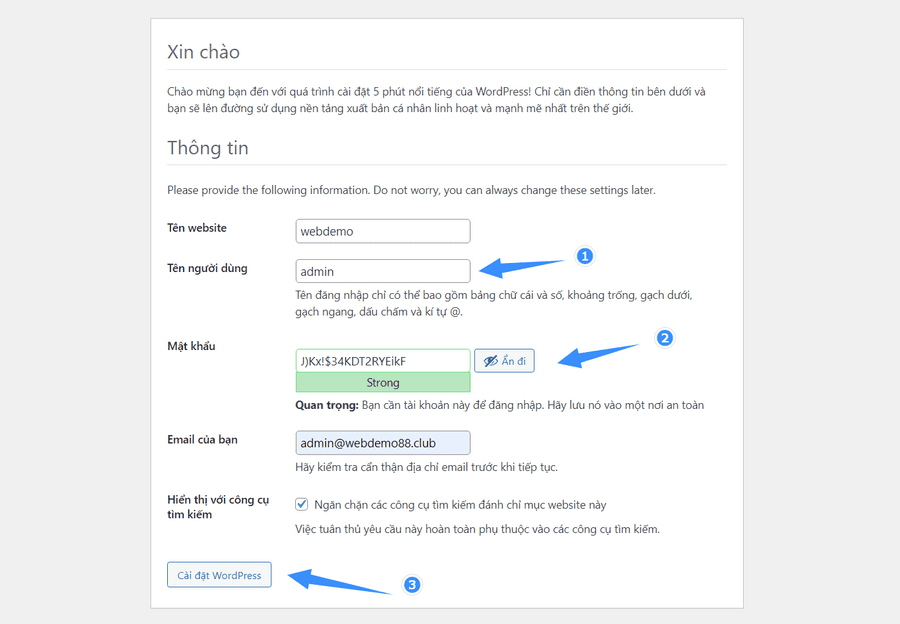 điền các thông tin đăng nhập admin wordpress