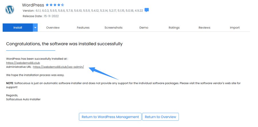 trạng thái sau khi cài đặt wordpress trên softaculous thành công
