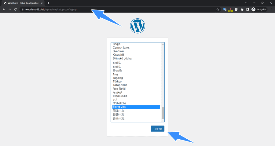 truy cập wp-admin để setup cho website