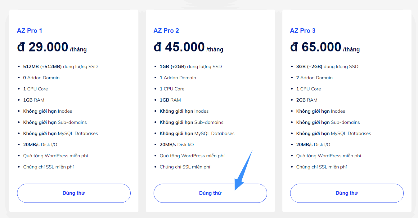 chọn gói hosting Az Pro 2 khi mua hosting Azdigi
