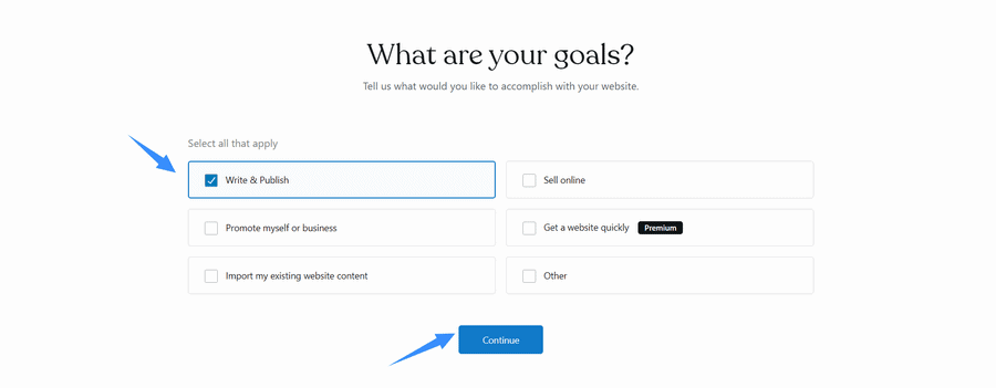 chọn mục đích sử dụng cho website