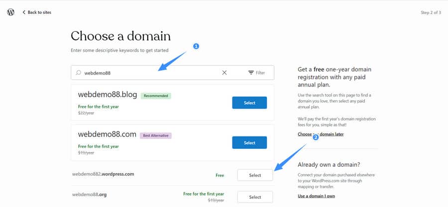 chọn tên miền cho website tại wordpress.com