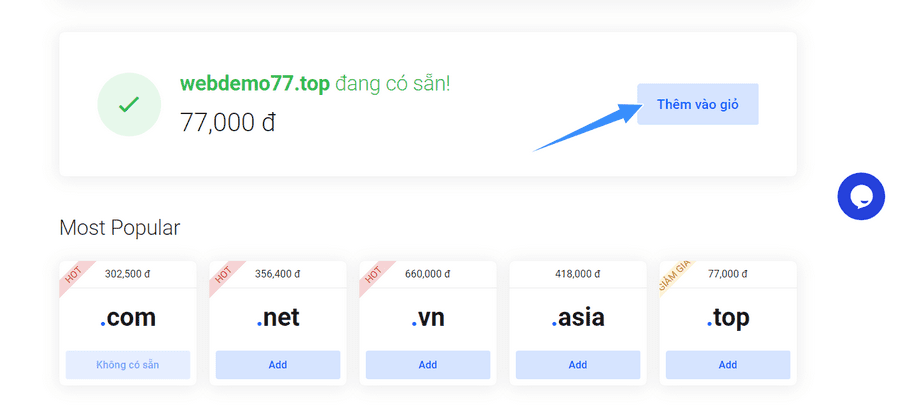 chọn thêm tên miền vào giỏ hàng Azdigi