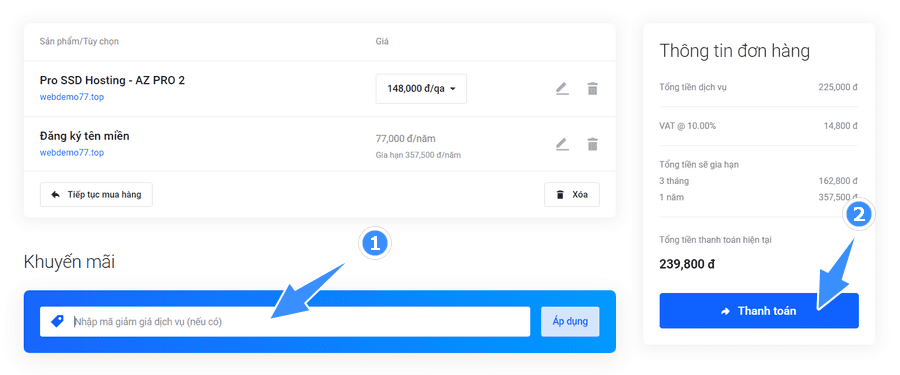 hoàn tất thanh toán khi mua hosting và tên miền tại azdigi