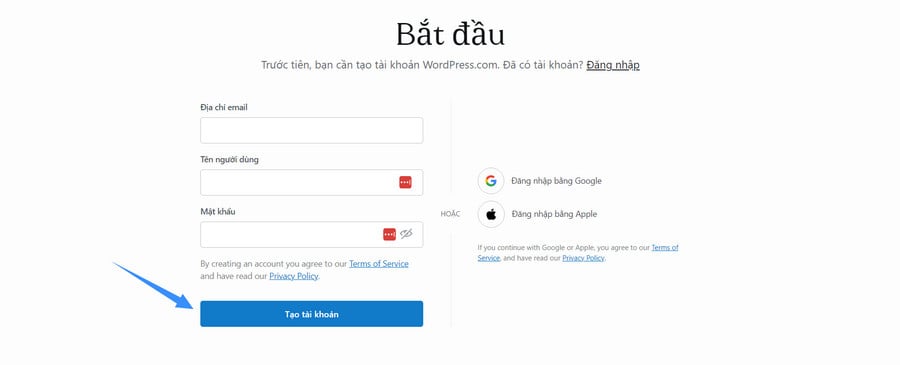 nhập đầy đủ các thông tin để đăng ký wordpress.org