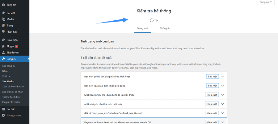 tính năng site health trên wordpress