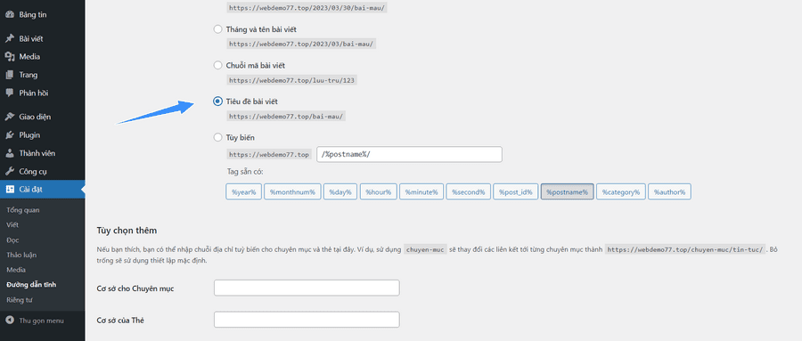 tùy chọn đường dẫn tình trên wordpress