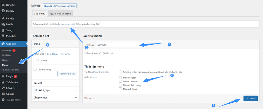 cách tạo menu trong wordpress
