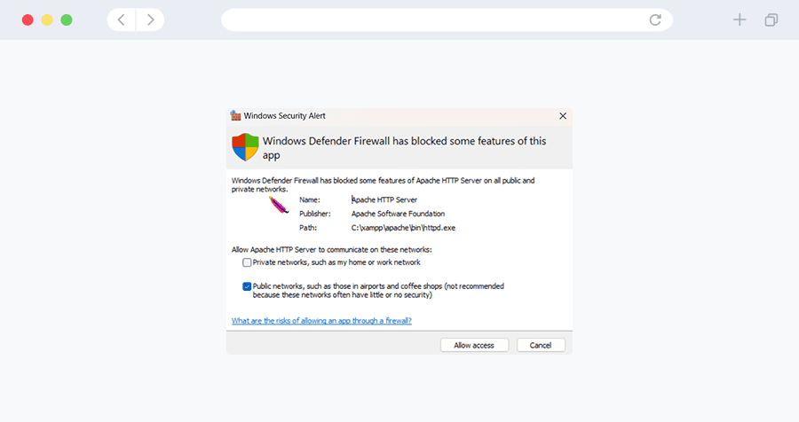 chọn allow access nếu phần mềm XAMPP yêu cầu