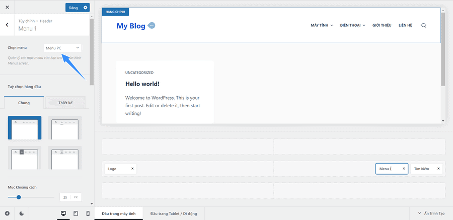 chon chinh xac menu de hien thi cho wordpress